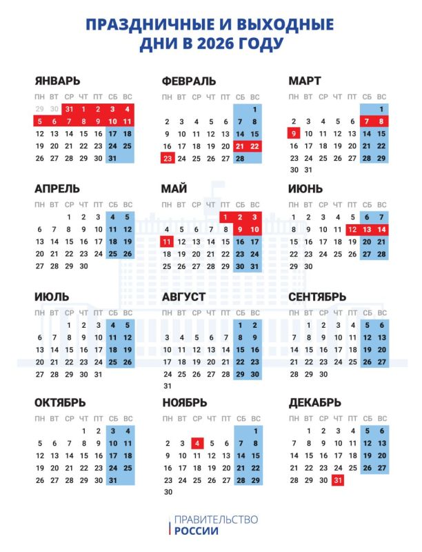 На заметку. Календарь праздничных и выходных дней в 2026 году утвердили в Правительстве РФ В следующем году будут следующие дни отдыха: