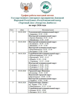Минздравом ДНР утвержден график выезда автоаптеки на март в населенные пункты городских округов Мариуполь, Макеевка, Дебальцево, а также в Амвросиевский, Волновахский, Докучаевский, Новоазовский, Старобешевский...