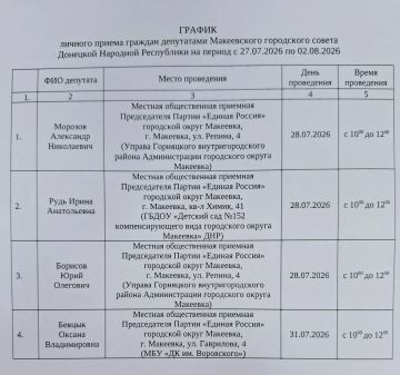 График проведения приемов депутатами Макеевского городского совета Донецкой Народной Республики первого созыва на период