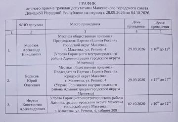 График проведения приемов депутатами Макеевского городского совета Донецкой Народной Республики первого созыва на период